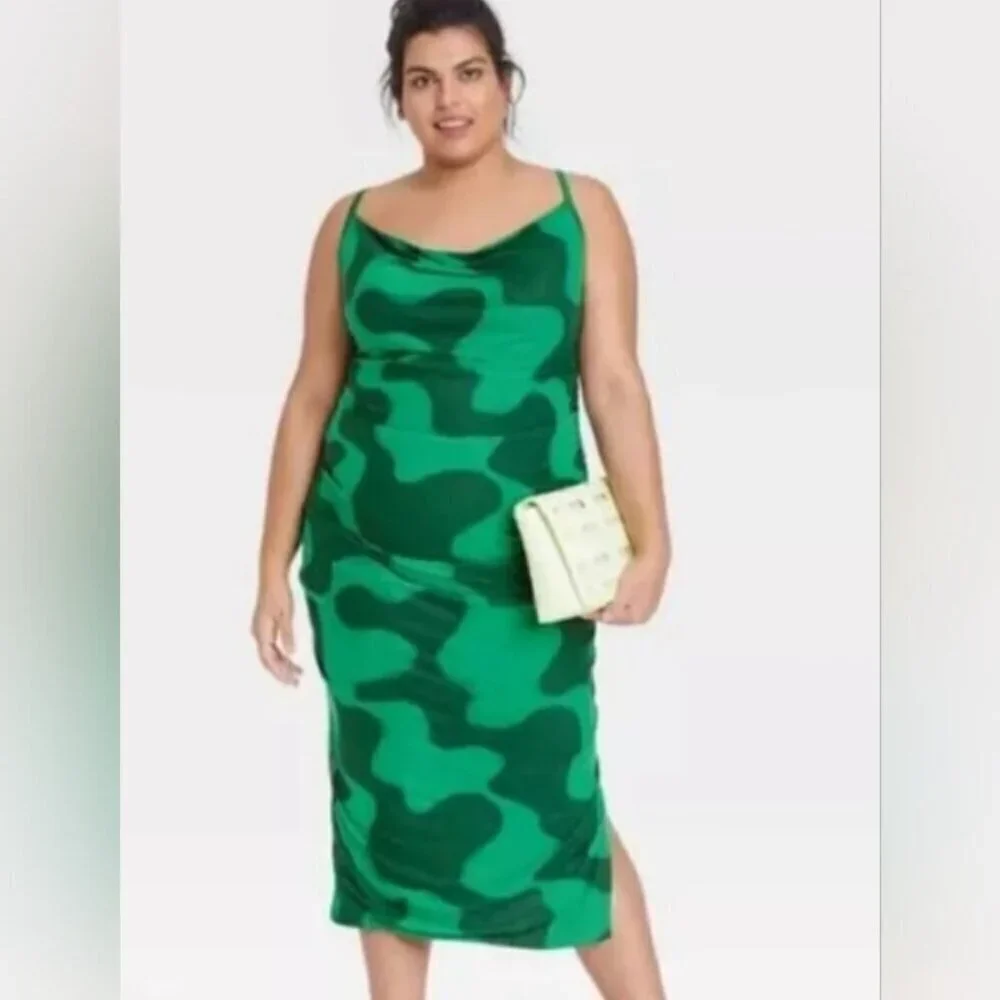 Ava & Viv SZ 2X  Green Abstract Print Midi Slip Dress Mod Maximalism Modern Y2K